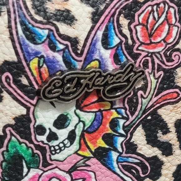 NWT Ed Hardy Cheetah Skull And Roses Tatoo Design Satchel/ Crossbody Handbag - Picture 4 of 15